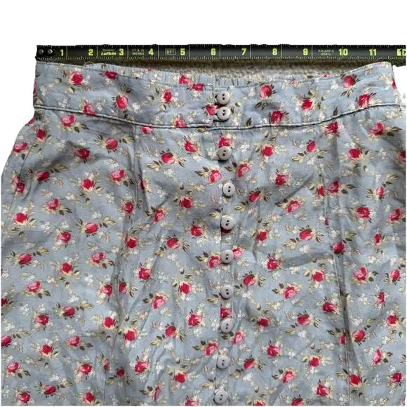 Vintage 90s Express Floral Midi Skirt Blue Rose Print Button Front Cottagecore S - Picture 11 of 11